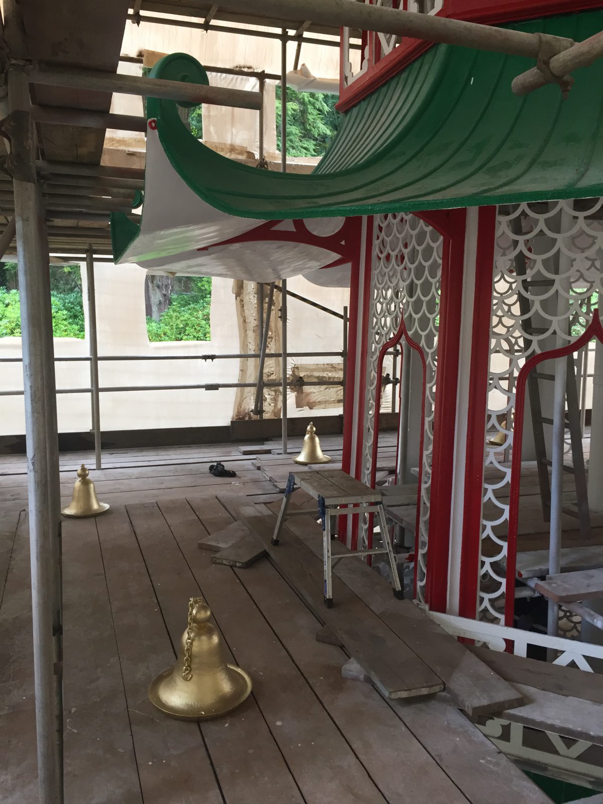 A photograph of Alton Towers' Chinese Pagoda during the restoration by Calibre Metalwork.