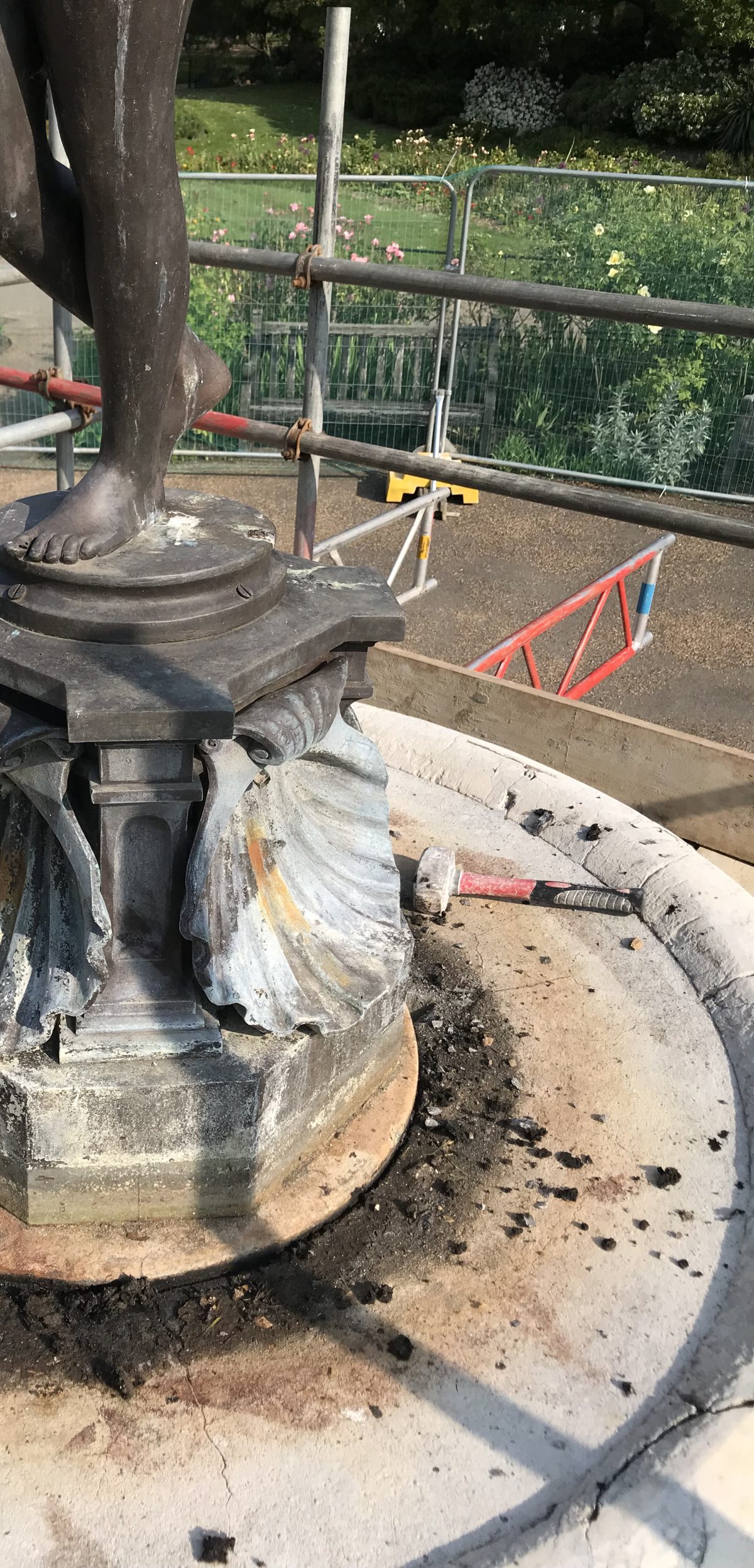 A photograph of the Diana The Huntress Fountain during the restoration by Calibre Metalwork.