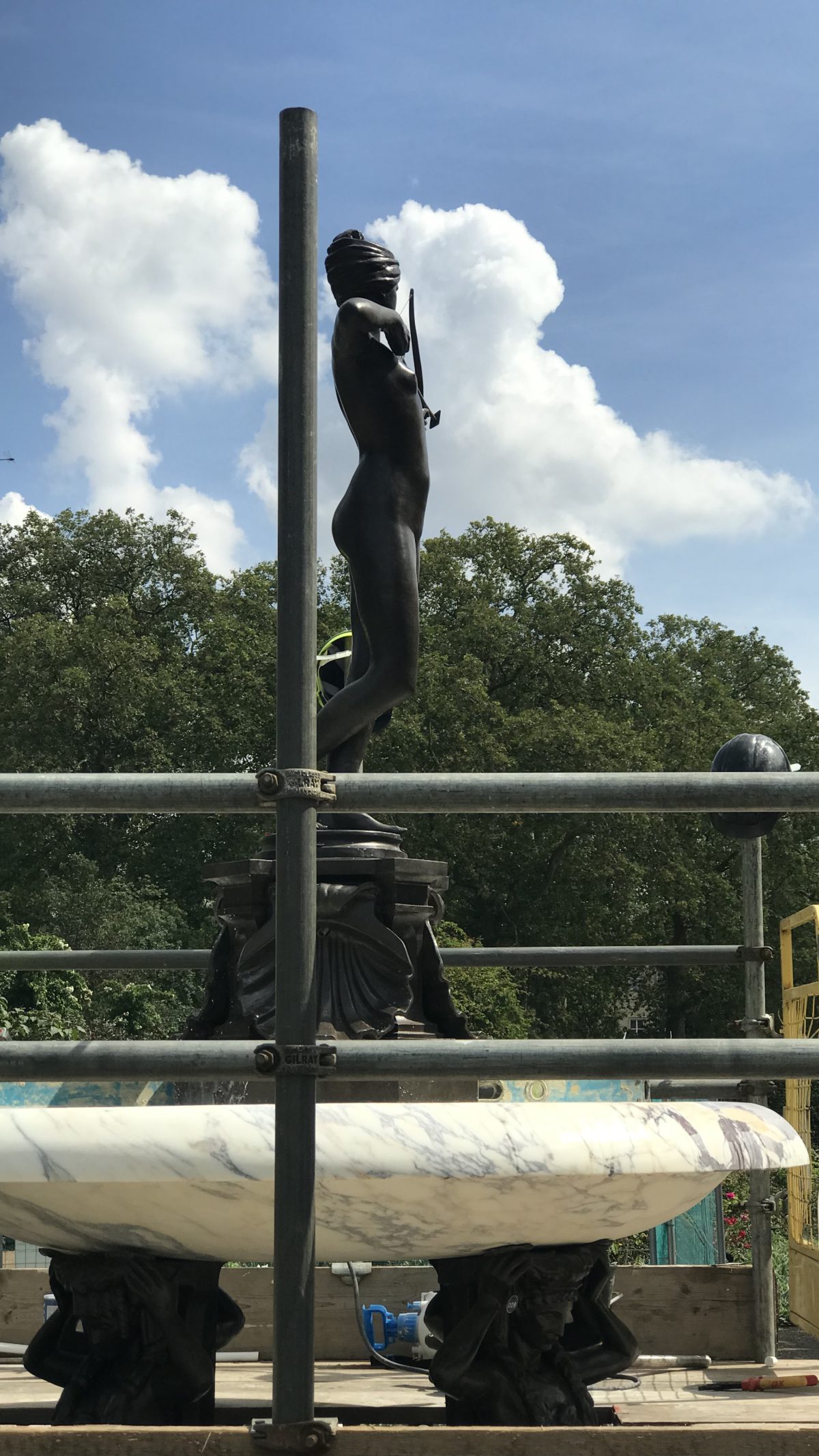 A photograph of the Diana The Huntress Fountain during the restoration by Calibre Metalwork.