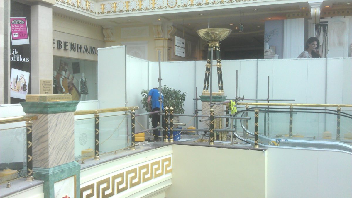 A photograph of replication work being carried out by Calibre Metalwork at The Trafford Centre, Manchester.