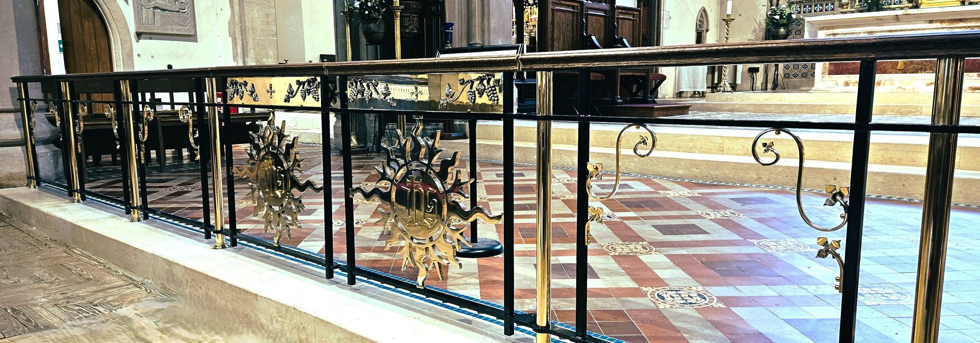 Photograph of Shrewsbury Cathedral altar rail. Metalwork restoration work carried out by Calibre Metalwork.