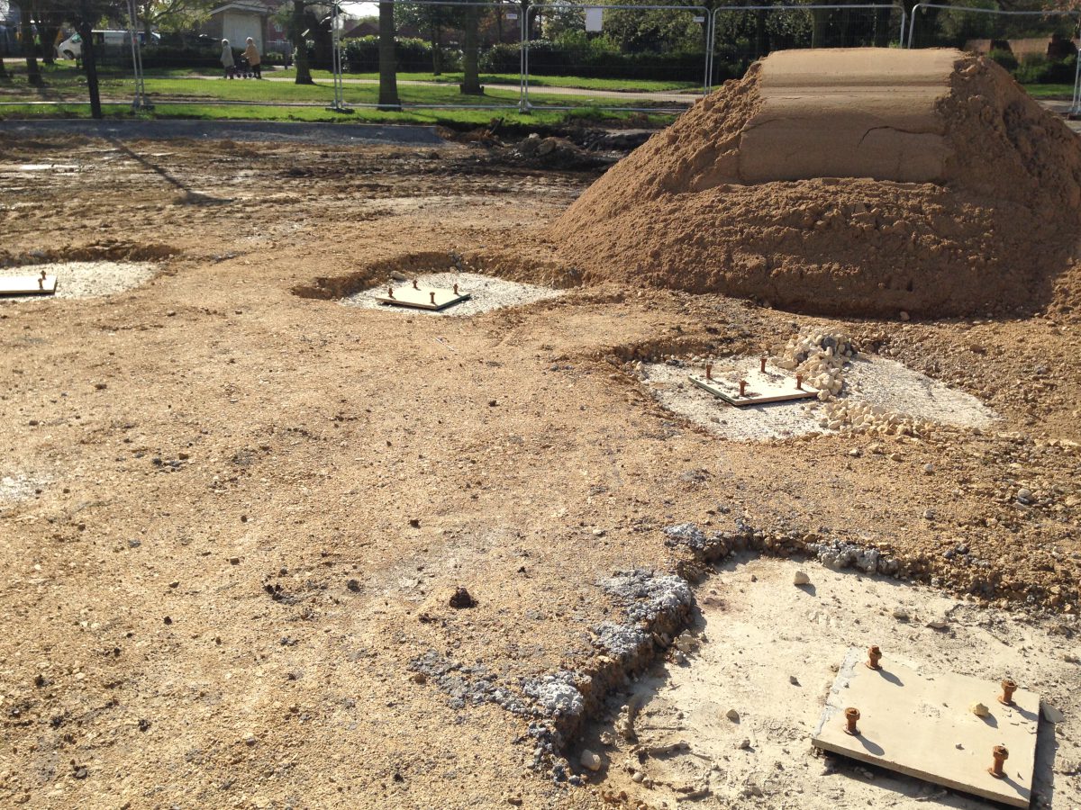 A photograph of the existing foundations of Bentley Park Bandstand, Doncaster with foundation pads.