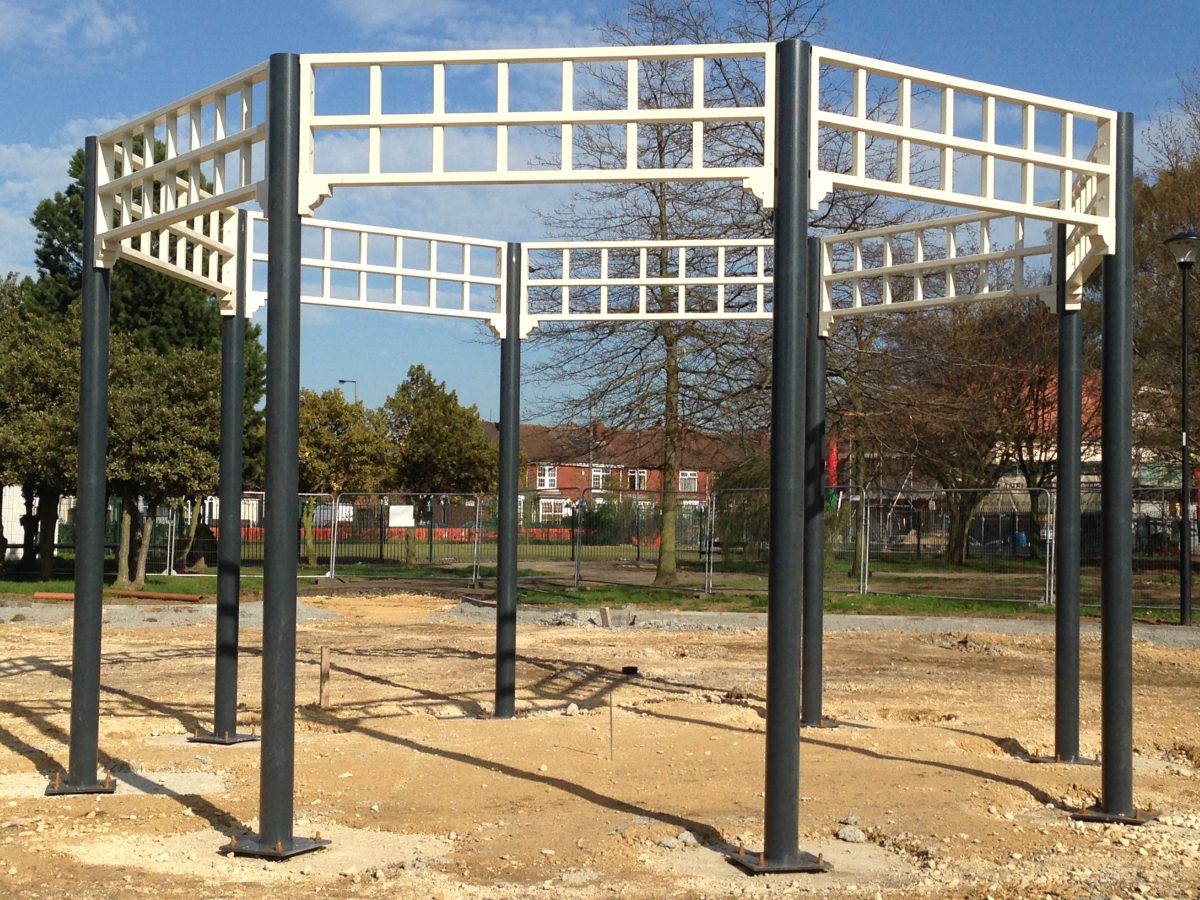 Photograph of Bentley Park Bandstand awaiting roofing and fitting out following installation by Calibre Metalwork.