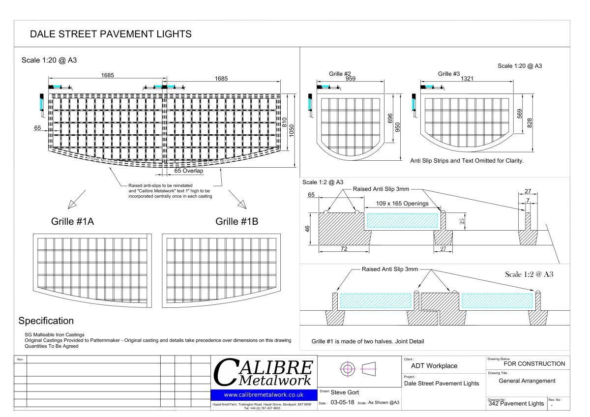 A photograph of detailed technical drawings produced by Calibre Metalwork to capture the structural specifications and the aesthetic characteristics of the original pavement lights at Dale Street, Manchester.