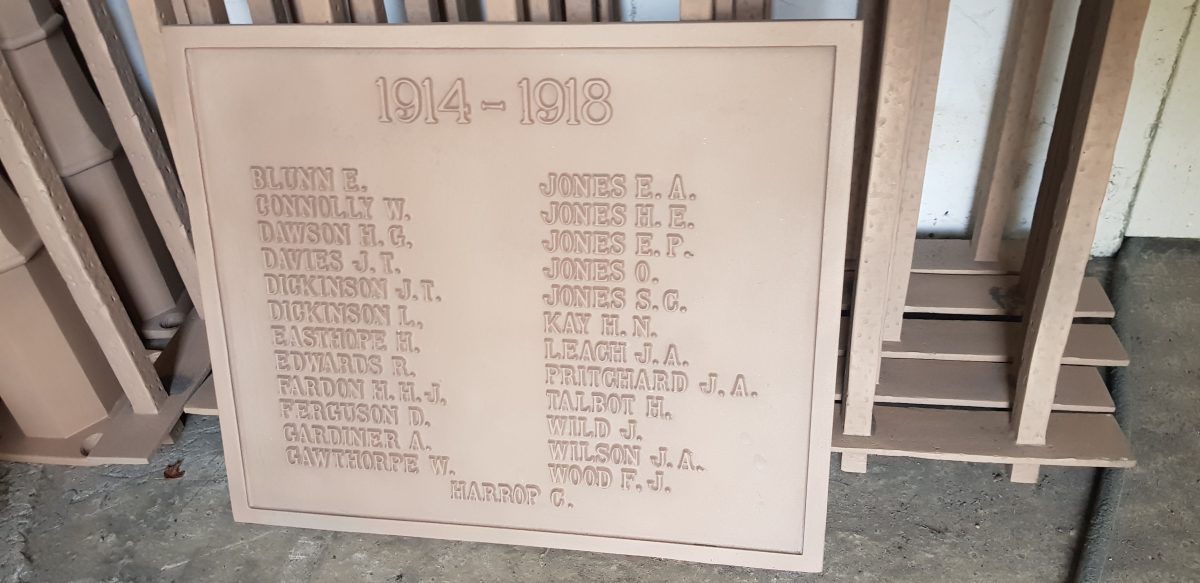 A photograph of the patternmaker's work at Old Colwyn Memorial cast in solid bronze in Calibre Metalwork's foundry.