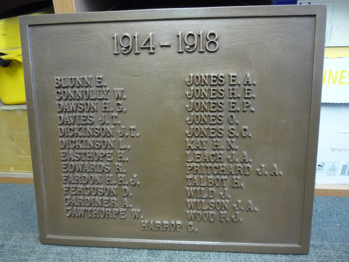 A photograph of the casting at Old Colwyn Memorial hand finished with a Bronze Metal Antique (BMA) tone and renaissance waxed by hand to enhance its depth, protect the surface, and provide an enduring appearance.